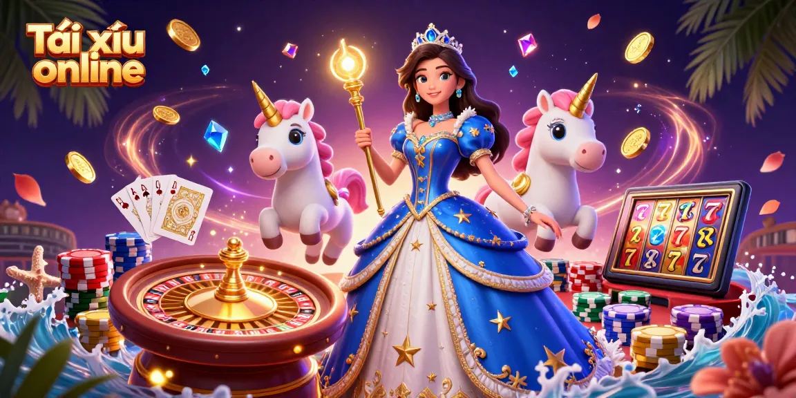 Experience Tài xỉu online magic with vibrant characters, floating gems, and casino elements.