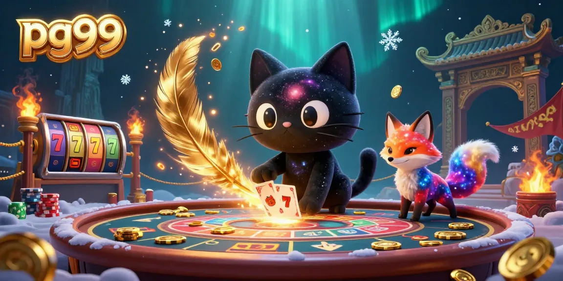 Experience the thrill of pg99 with a cosmic casino scene featuring a black hole cat and vibrant game elements.