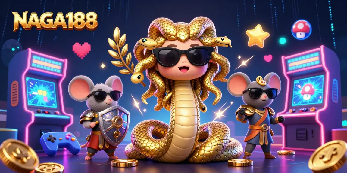 NAGA188 menghadirkan suasana kasino yang ceria dengan Medusa dan petarung mouse di backdrop gemerlap.