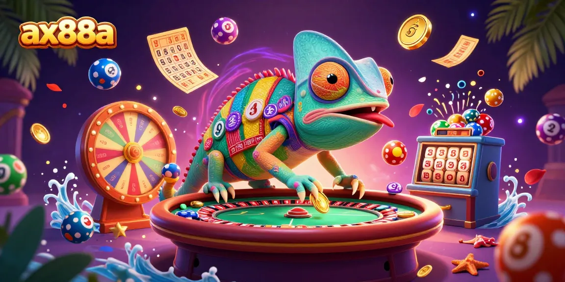 Engage with the vibrant ax88a chameleon casino owner in an exciting scene with colorful lottery balls and dynamic casino elements.