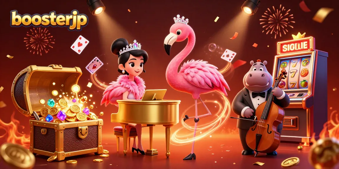 Boost your gaming experience with boosterjp at a vibrant casino illustration, showcasing luck and excitement.