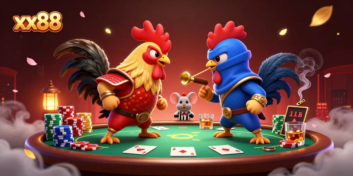 Experience vibrant action at xx88 with a dynamic duel between samurai and ninja roosters.