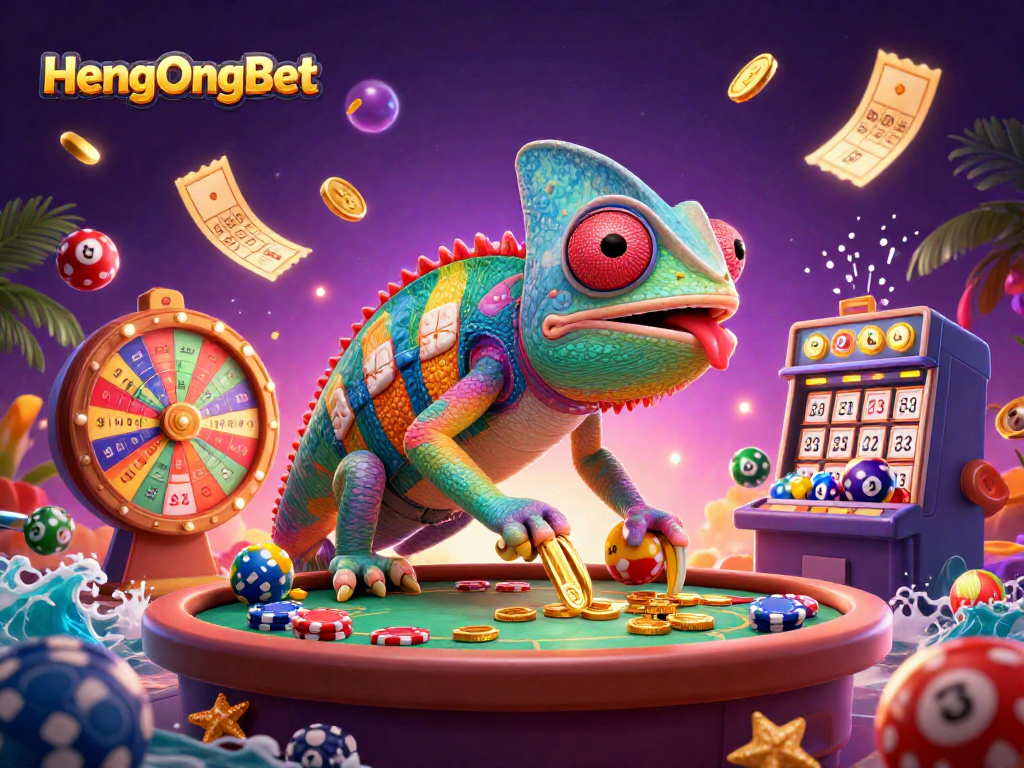 Experience thrilling excitement with HengOngBet as numbered lottery balls and prizes bounce dynamically in a vibrant casino setting.