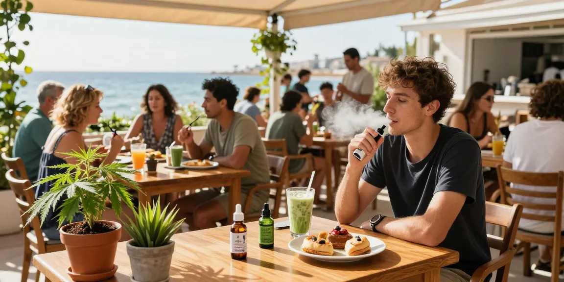 Exploring if vaping is legal in Cyprus with people enjoying CBD smoothies and vape devices in a vibrant café setting.