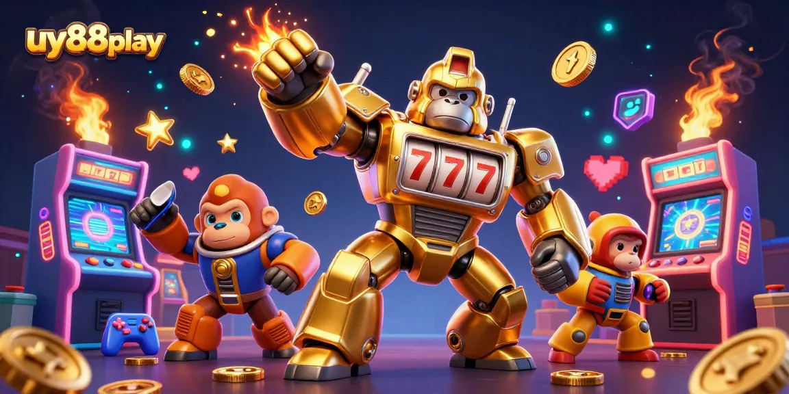 Experience the excitement of uy88play with a golden gorilla mech, slot machines, and vibrant casino elements in a lively scene.