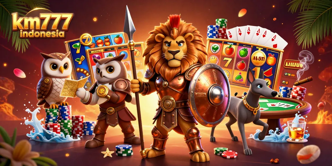 Experience big wins at km777 indonesia with vibrant slot reels and engaging characters in a dynamic casino scene.