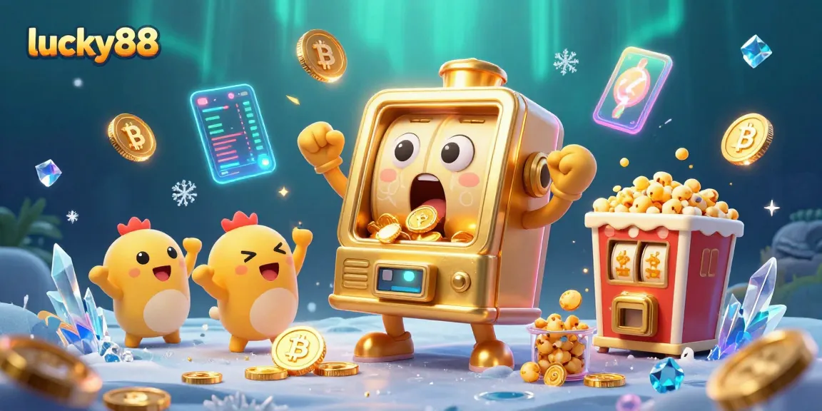 Experience Lucky88's vibrant gaming scene as a golden slot machine celebrates a jackpot amid glowing crypto elements.