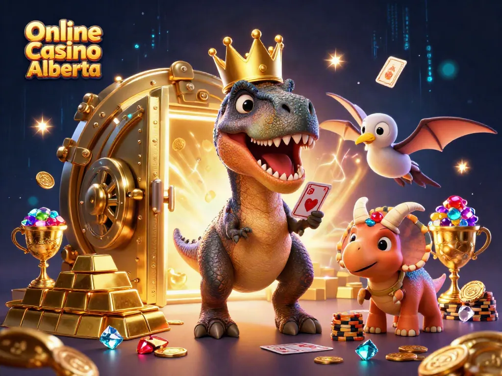Join the excitement at Online Casino Alberta with a fun T-Rex shuffling cards and a pterodactyl assisting!