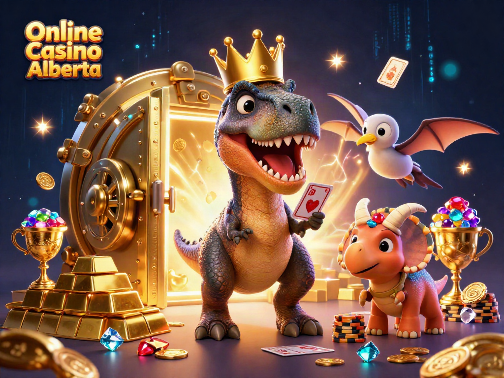 Join the excitement at Online Casino Alberta with a fun T-Rex shuffling cards and a pterodactyl assisting!