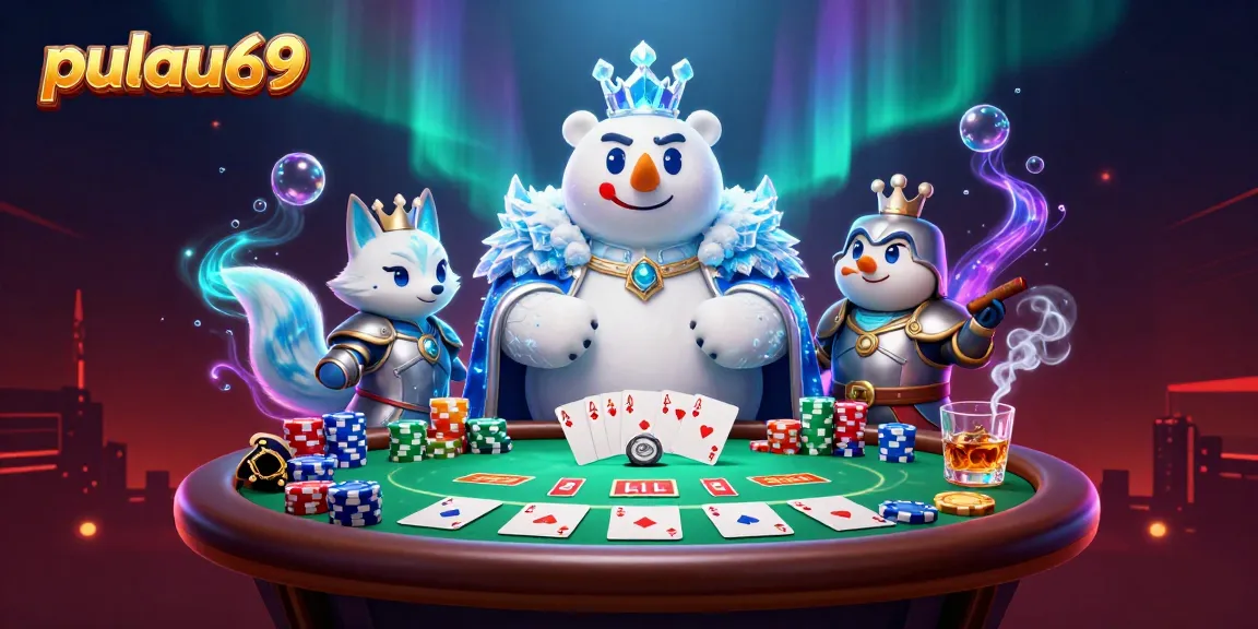 Experience thrilling gameplay at pulau69 with a vibrant scene of poker elements and charming characters.