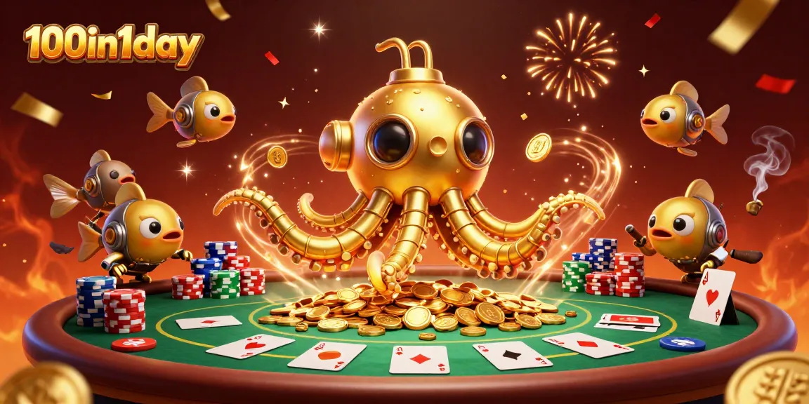 Engage in thrilling poker action with a vibrant scene from 100in1day featuring a kraken submarine.