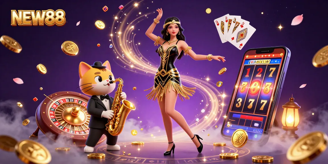 Experience the excitement of NEW88 with a vibrant dance scene featuring a flapper, a cat, golden coins, and gaming elements.