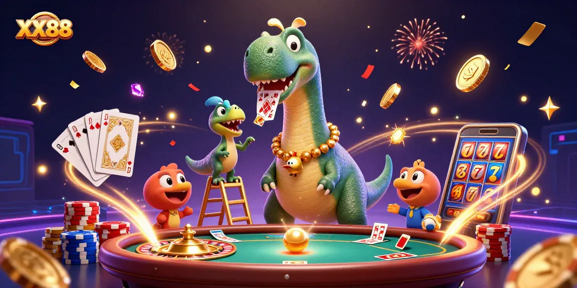 Engage with the vibrant XX88 casino scene featuring a brontosaurus, clever raptor, and exciting gaming elements.