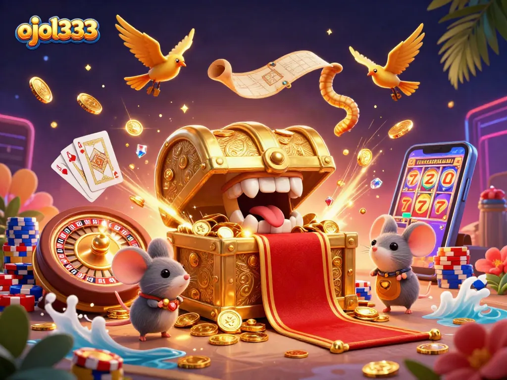 Engage with ojol333's thrilling online gaming features while surrounded by a dazzling casino atmosphere.