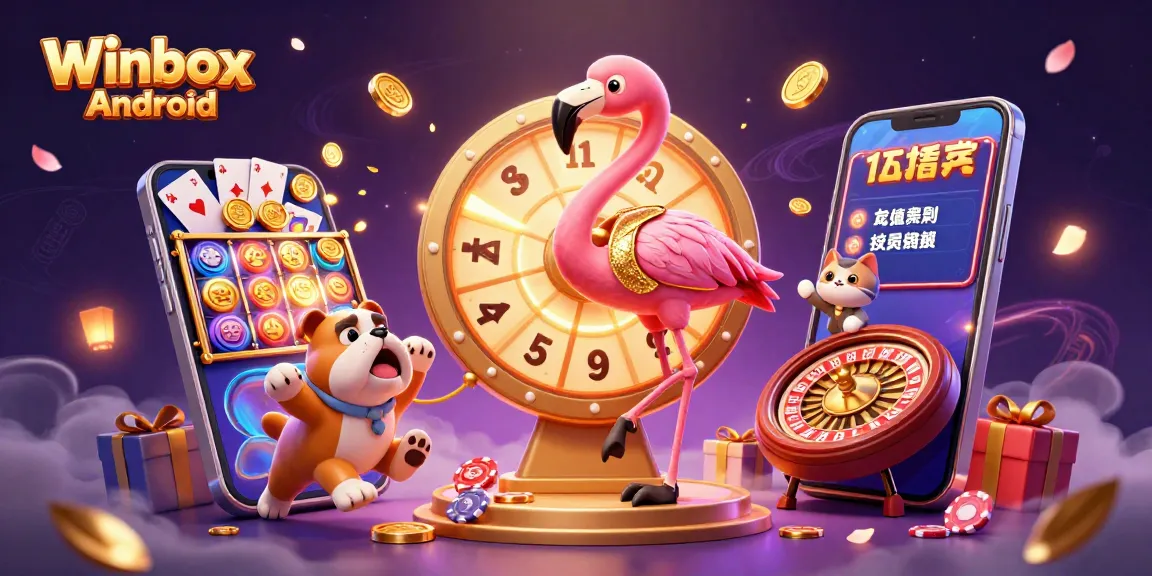 Spin to win with Winbox Android as colorful slot games erupt with coins and prizes, showcasing a lively 3D casino scene.