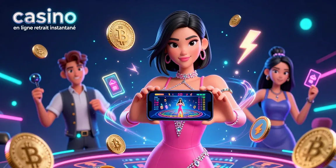 Experience the thrill of casino en ligne retrait instantané with vibrant 3D digital illustration filled with crypto elements.