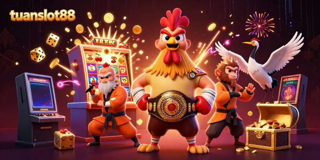 Gambarlah simbol kemenangan tuanslot88 dengan ayam sabung dan karakter seni bela diri dalam suasana permainan kasino.