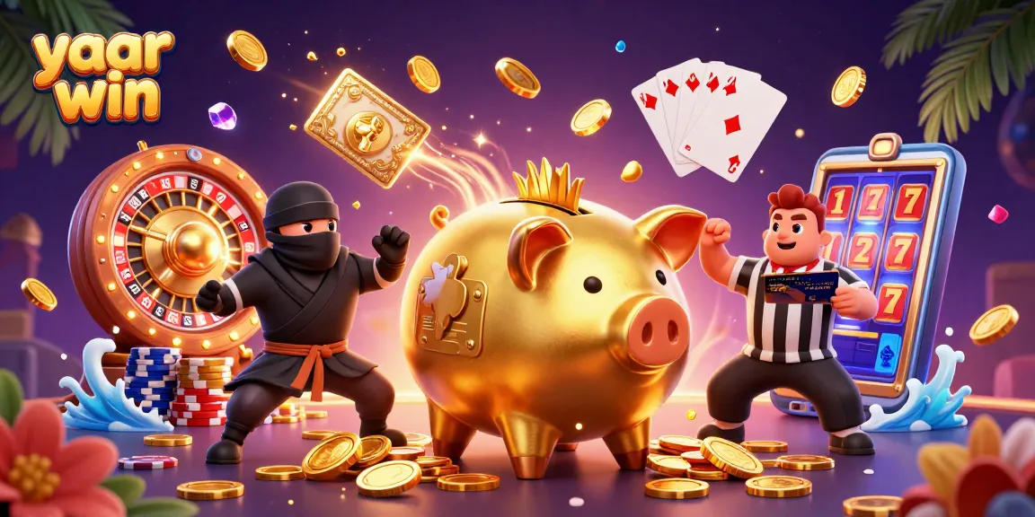Yaar win features a golden piggy bank sumo wrestler amidst a vibrant casino scene of winning elements.