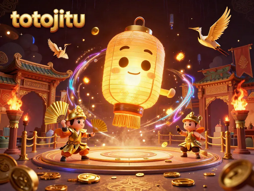Enter the thrilling world of totojitu with a vibrant casino scene featuring a giant lantern spirit and golden warriors.