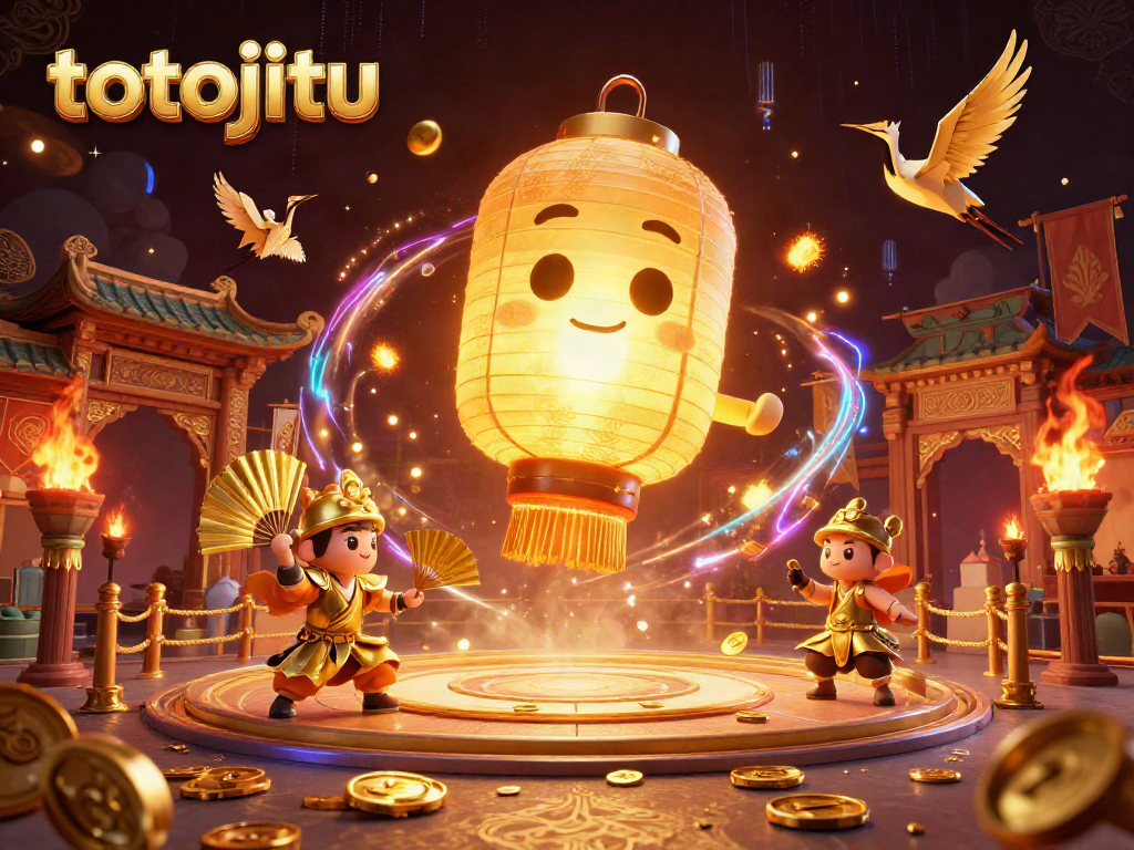 Enter the thrilling world of totojitu with a vibrant casino scene featuring a giant lantern spirit and golden warriors.
