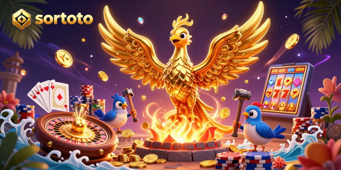 Experience sortoto's dynamic gambling scene with a golden phoenix and vibrant casino elements.