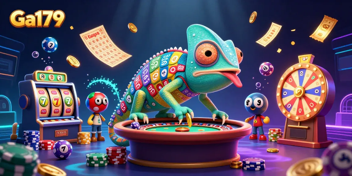 Ga179 showcases an animated chameleon casino owner amidst colorful slots, lottery balls, and jackpot elements.