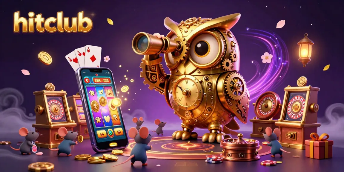 Experience the thrilling casino world of hitclub with a vibrant 3D owl, slot games, and lively mouse patrons.