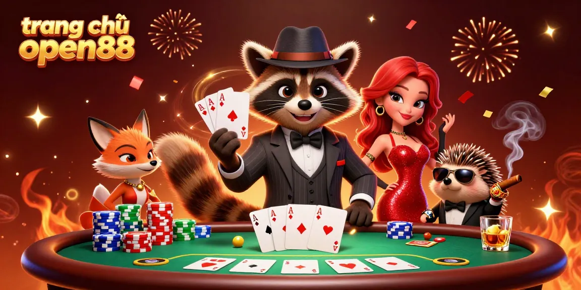 Play stunning cards with stylish raccoon and fox at trang chủ open88 casino themed illustrator scene