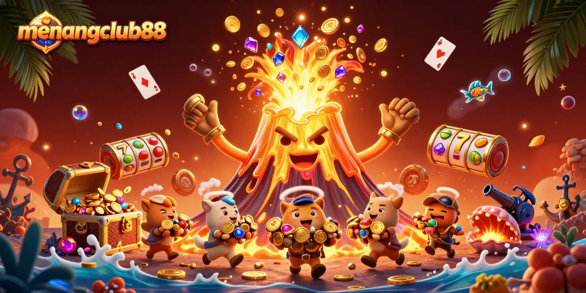 Winning big at menangclub88 with a jubilant volcano rewarding players with treasures and slots!