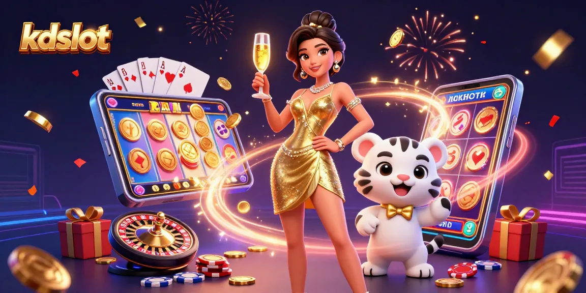 Engage with kdslot's exciting slots while a glamorous woman celebrates with a lucky tiger cub.