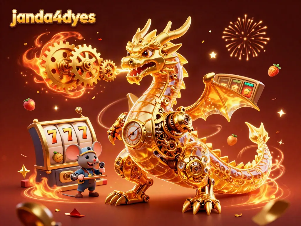 Memenangkan jackpot di JANDA4D dengan naga emas mekanis dan simbol slot yang berwarna-warni.