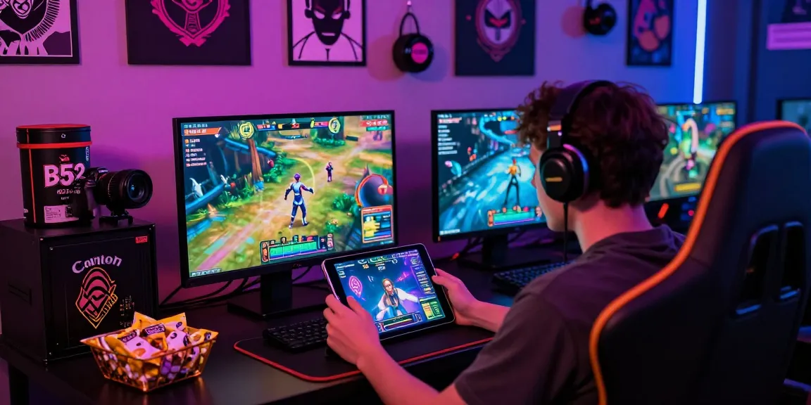 B52 gaming experience with player engaged in high-energy game interface and vibrant surroundings