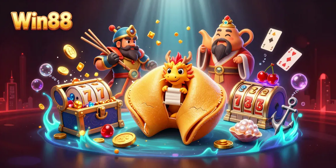 Win88 offers a thrilling spin with a golden fortune cookie scene filled with casino games and treasures.
