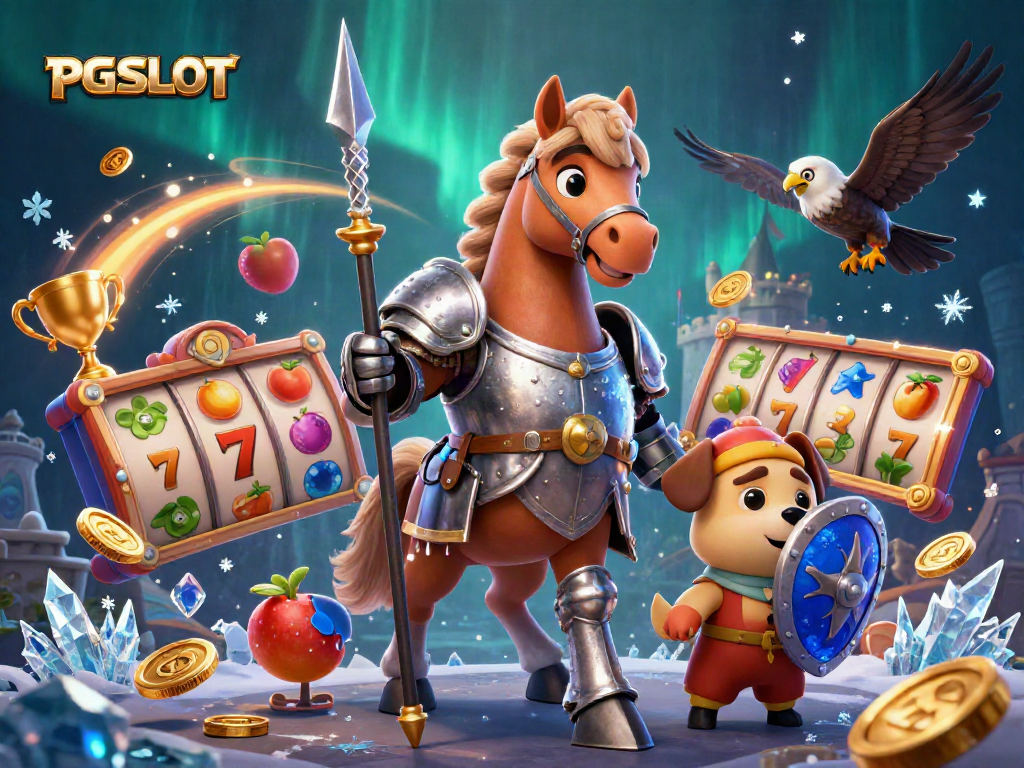 Engage with PG SLOT excitement as knights and playful creatures bring slots to life in a dynamic casino scene.