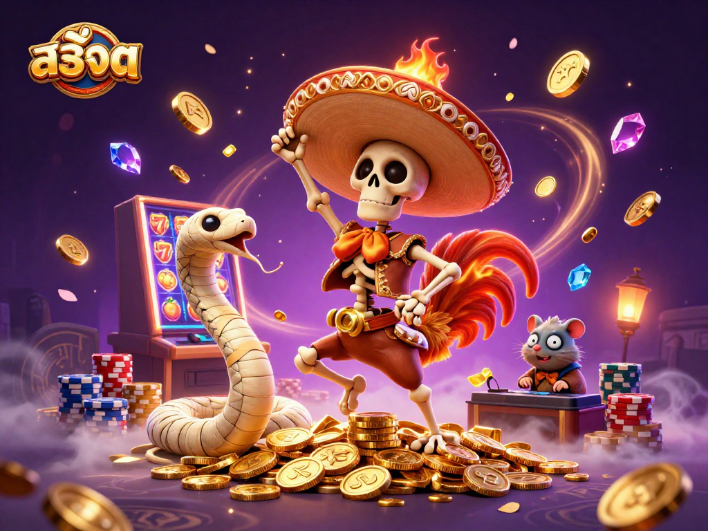 Engage in exciting สล็อต gameplay with a vibrant slot machine and casino-themed characters.