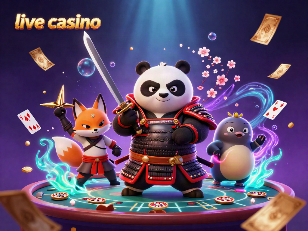 Permainan live casino menampilkan panda samurai, rubah ninja, dan tanuki yang berenergi di latar belakang kasino