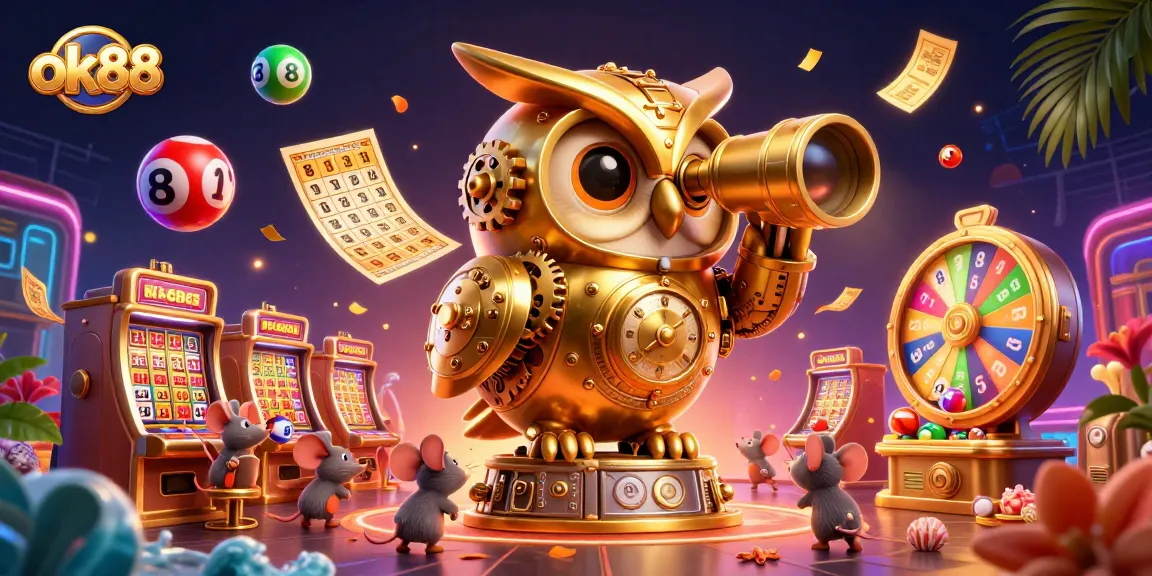 Join the excitement at ok88, showcasing a vibrant casino scene with a gold owl and lively game elements.