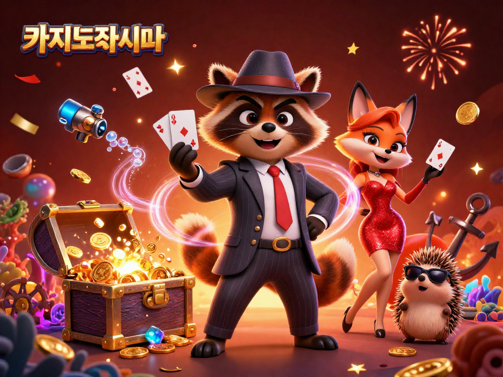 카지노사이트에서 바카라 테이블과 화려한 카드 게임 문화를 즐기는 래쿤과 여우의 모습입니다.