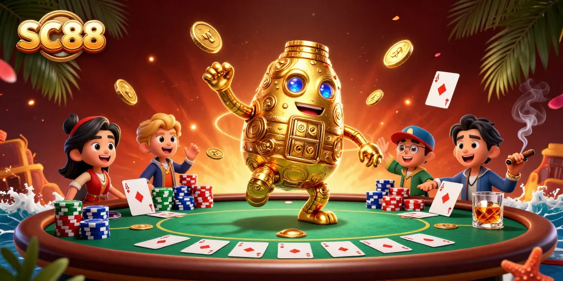 Engage with SC88's vibrant casino atmosphere, showcasing a golden golem and poker table elements in a dynamic scene.