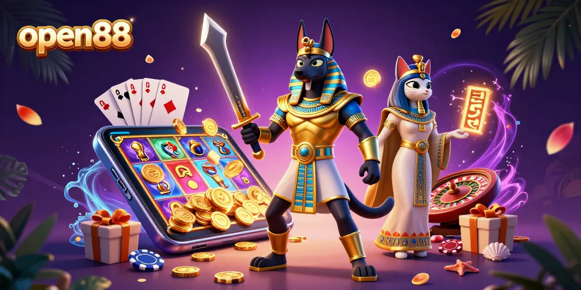 Experience thrilling gameplay with open88's vibrant casino elements featuring Anubis and Bastet in stunning 3D.