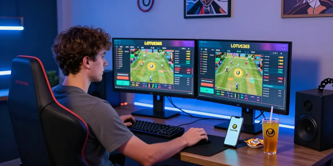 Engaging scene of a user interacting with the Lotus365 betting platform on dual monitors.