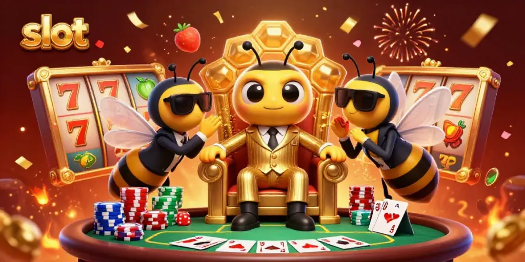 Engage with this vibrant slot-themed 3D scene featuring a bumblebee mob boss and colorful game elements.