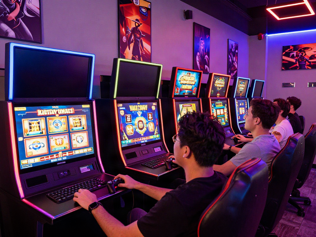 Players enjoying slot gacor games in a vibrant gaming lounge, bright LED lights setting an energetic mood.