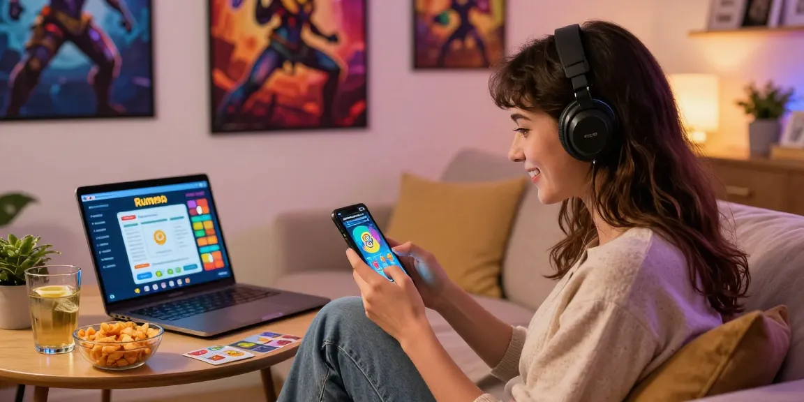 Engaged woman enjoying a money making game on her phone while relaxing at home.