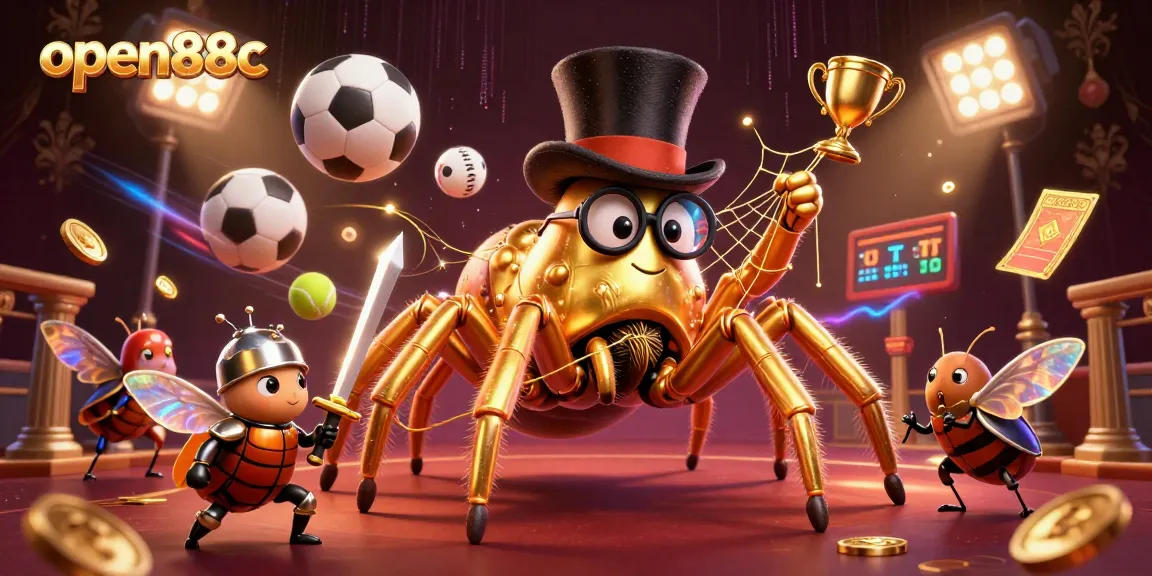 Bet big at open88c with a lively 3D scene of a giant tarantula and sports elements enhancing the casino experience.