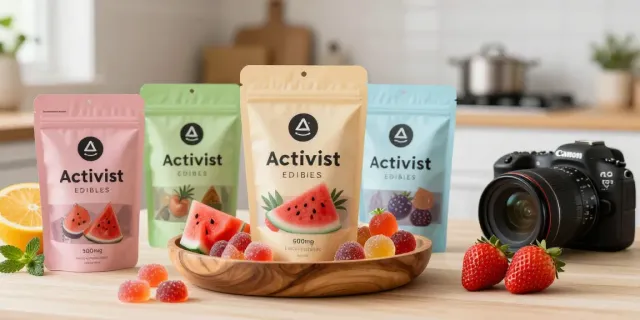 Activist Edibles' colorful 500mg THC-infused gummies displayed in a cozy kitchen setting.