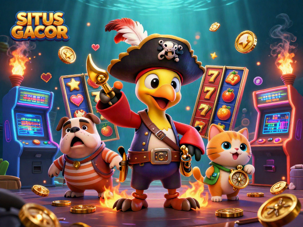 Engage with SITUS GACOR through this vivid illustration showcasing vibrant slot gaming action.