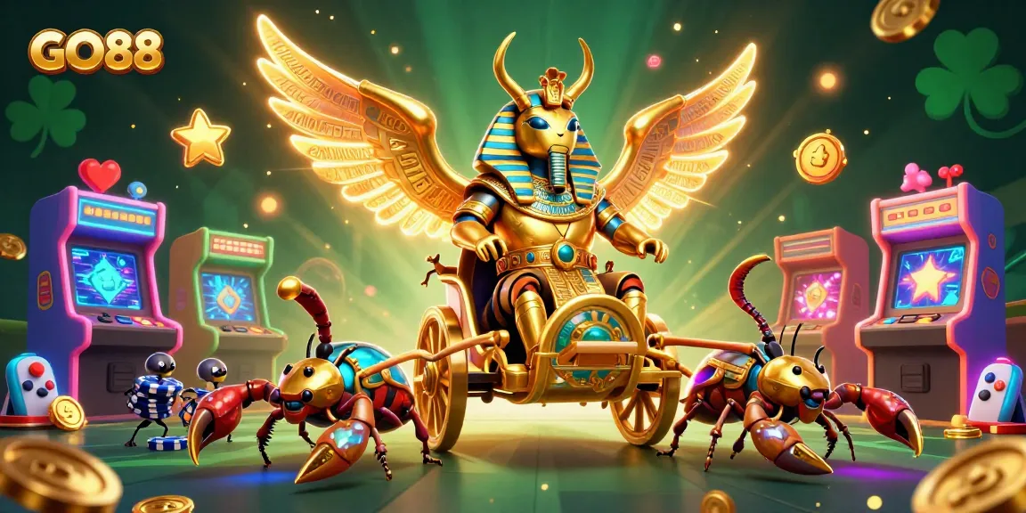 Experience the vibrant casino adventure with GO88's golden beetle and scorpion chariot.