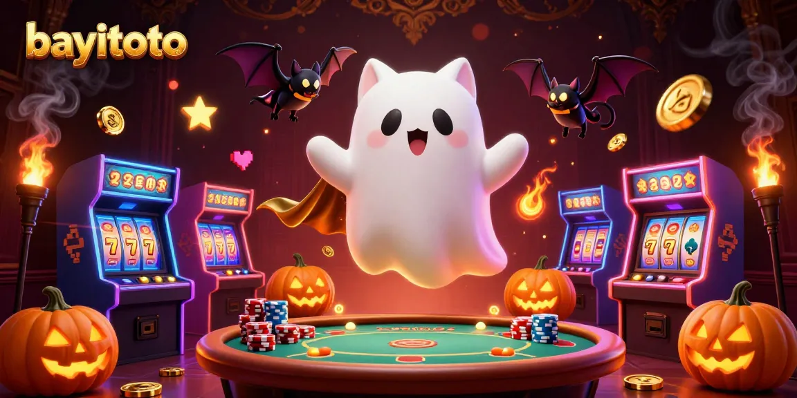 Engage in bayitoto's thrilling excitement with a playful ghost cat in a haunted casino scene.
