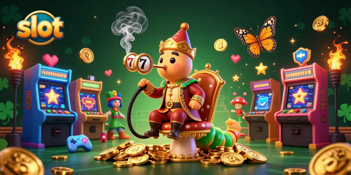 Permainan slot dengan karakter ceria dan elemen kasino berwarna-warni dalam ilustrasi 3D.